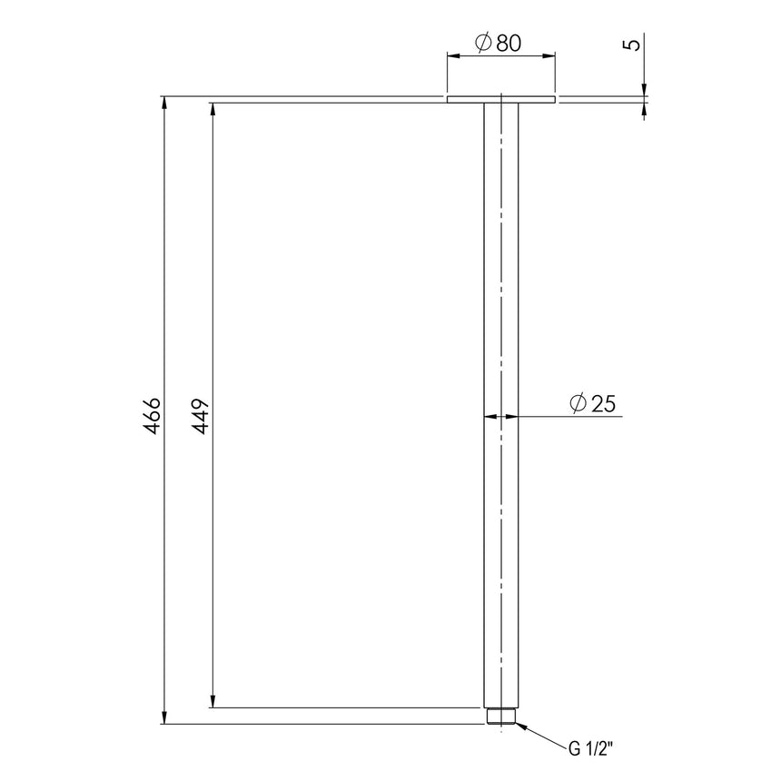 Technical installation dimensions for Phoenix Vivid ceiling arm showing 450mm length and G1/2 connection by Tilemall