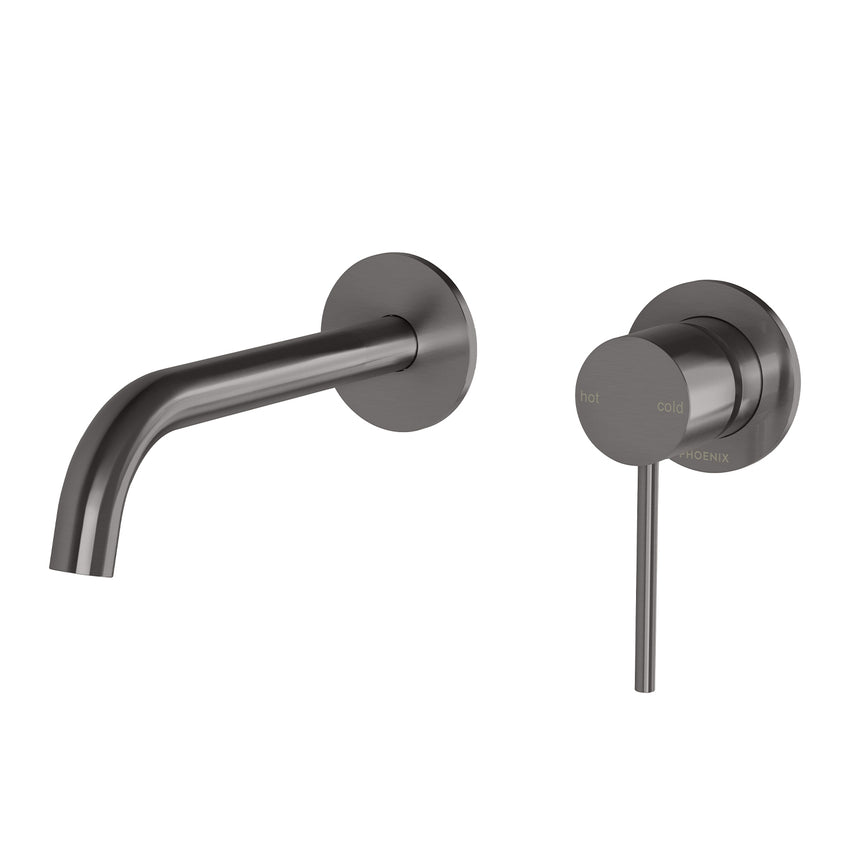 Phoenix Vivid Slimline 60mm brushed carbon wall basin mixer set by Tilemall with curved spout and single lever handle