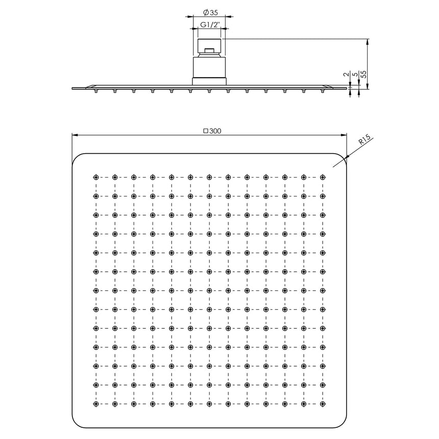 Technical specifications diagram for Phoenix Vivid Slimline 300mm shower rose showing installation dimensions and G1/2 by Tilemall