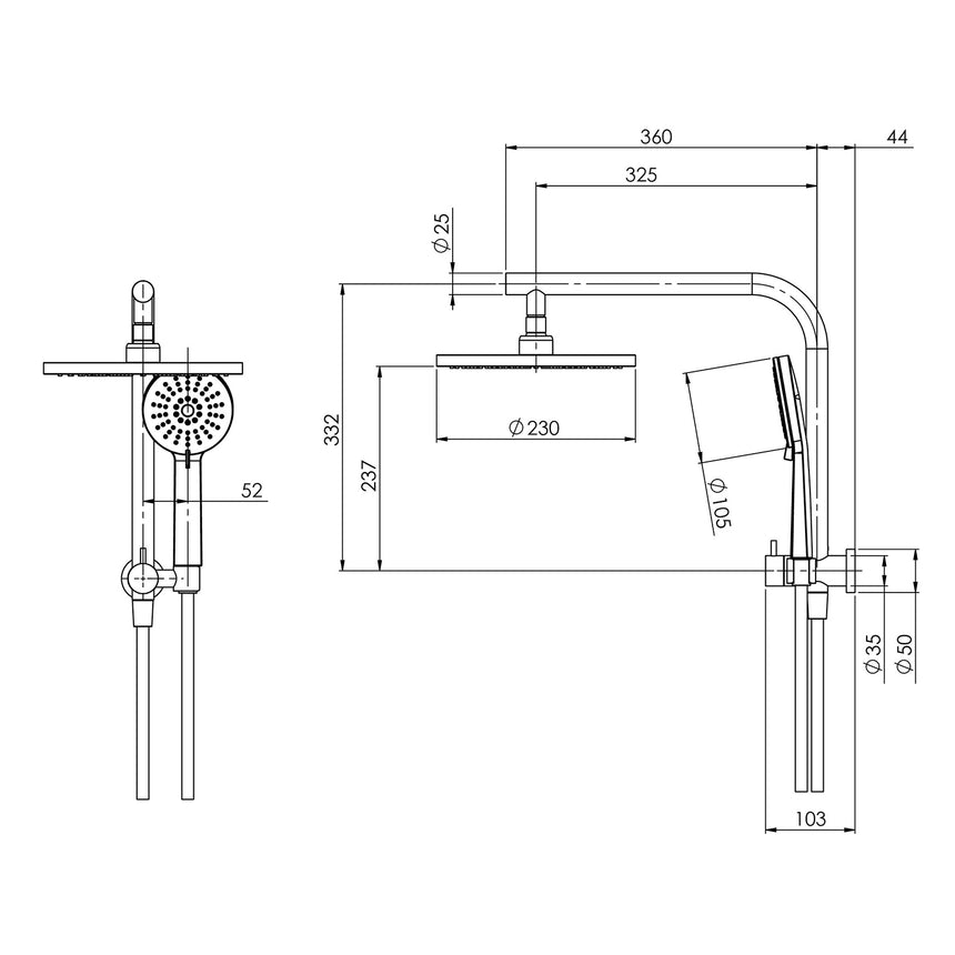 Phoenix Vivid Slimline twin shower installation dimensions diagram showing 360mm arm reach and 230mm head diameter by Tilemall