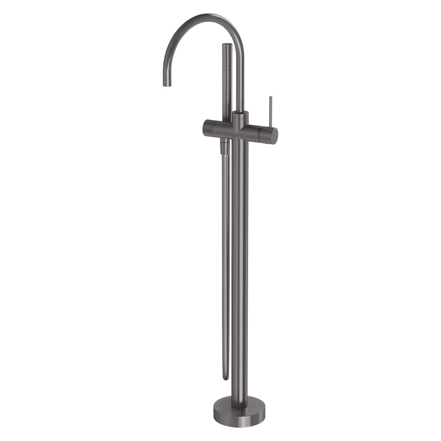 Phoenix Vivid Slimline brushed carbon floor-mounted bath mixer by Tilemall with curved spout and dual lever handles