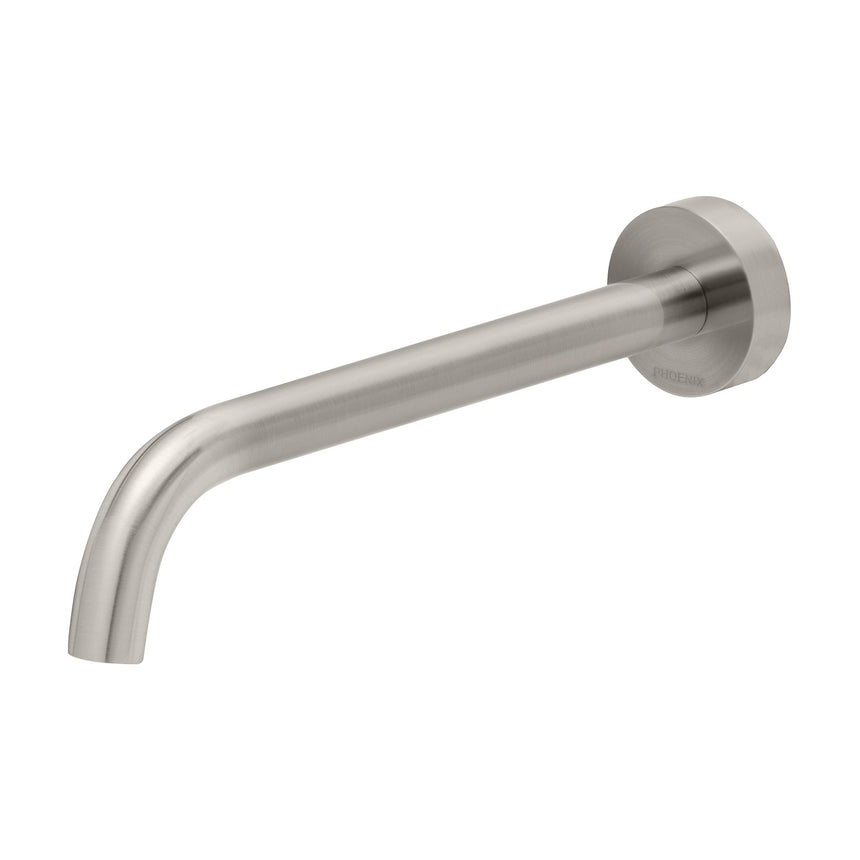 Phoenix Vivid Slimline 230mm brushed nickel curved wall bath spout by Tilemall