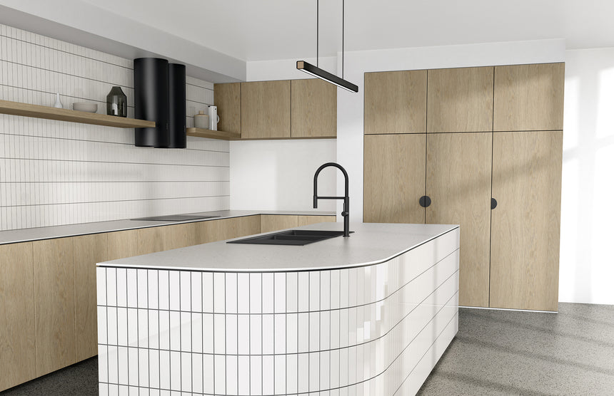 Phoenix Designer Sink Mixers Prize matte black flexible coil sink mixer in modern kitchen with island bench by Tilemall