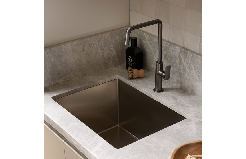 Phoenix Mekko brushed carbon sink mixer on stone countertop with dual basin setup by Tilemall