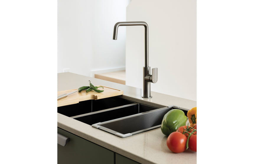 Phoenix 4000 double bowl brushed carbon sink top view with stainless steel tap in kitchen by Tilemall
