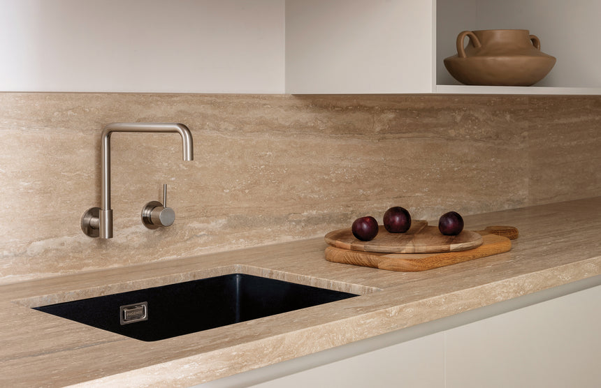 Laundry or scullery interior with Phoenix 5000 matte black sink in timber benchtop by Tilemall