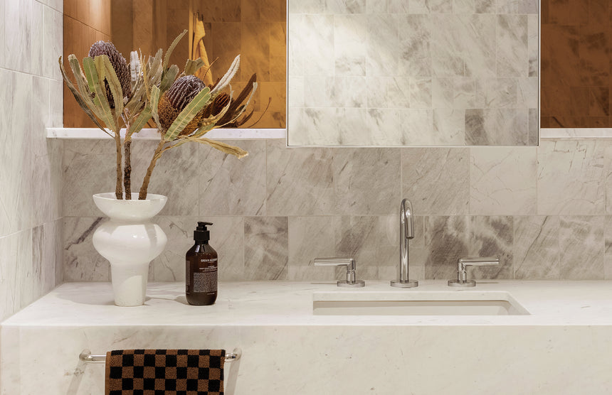 Phoenix Vivid Slimline Plus chrome basin mixer on marble counter in contemporary bathroom by Tilemall