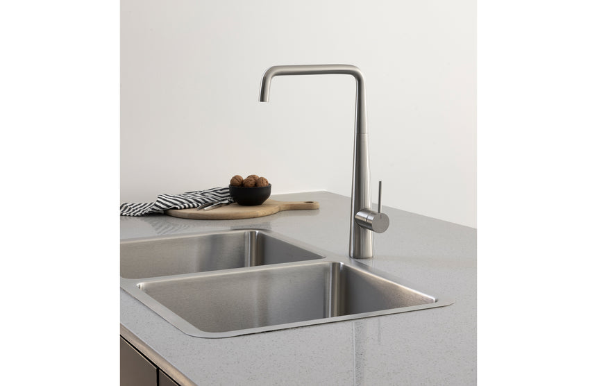 Phoenix 2000 stainless steel double bowl sink with single lever chrome mixer tap and white stone benchtop by Tilemall