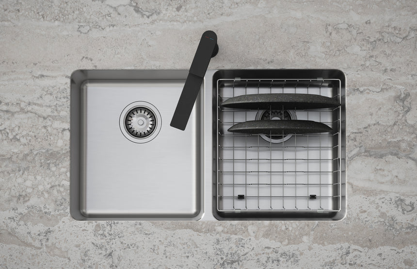 Phoenix 2000 double bowl stainless steel sink showing internal grid basket and colander accessory by Tilemall