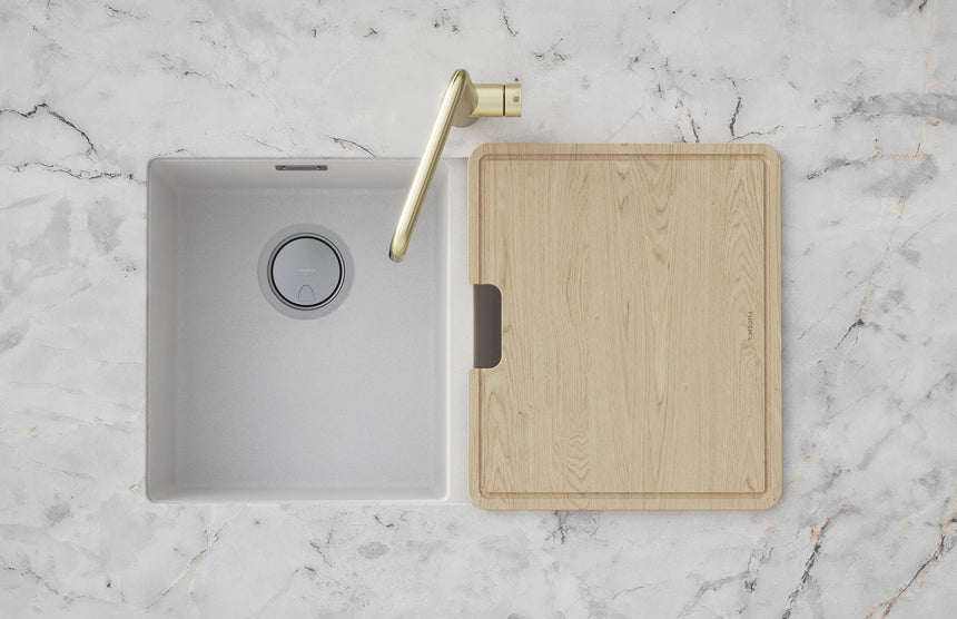 Sink Accessories overhead view of Phoenix Large Chopping Board 435mm x 372mm next to white porcelain sink by Tilemall
