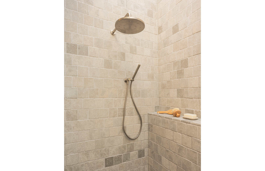 Phoenix Vivid Slimline brushed nickel hand shower mounted on tiled shower wall with rain head by Tilemall