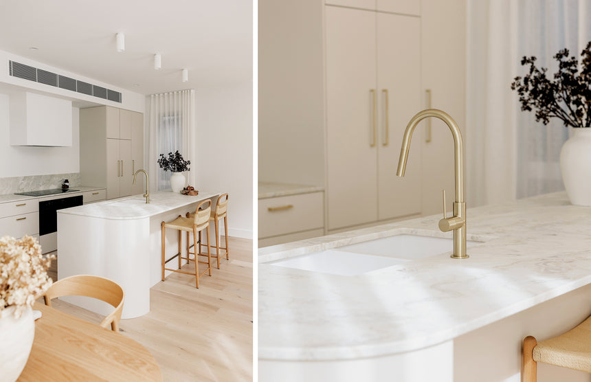 Phoenix 5000 single bowl sink with brass tap in modern kitchen interior by Tilemall
