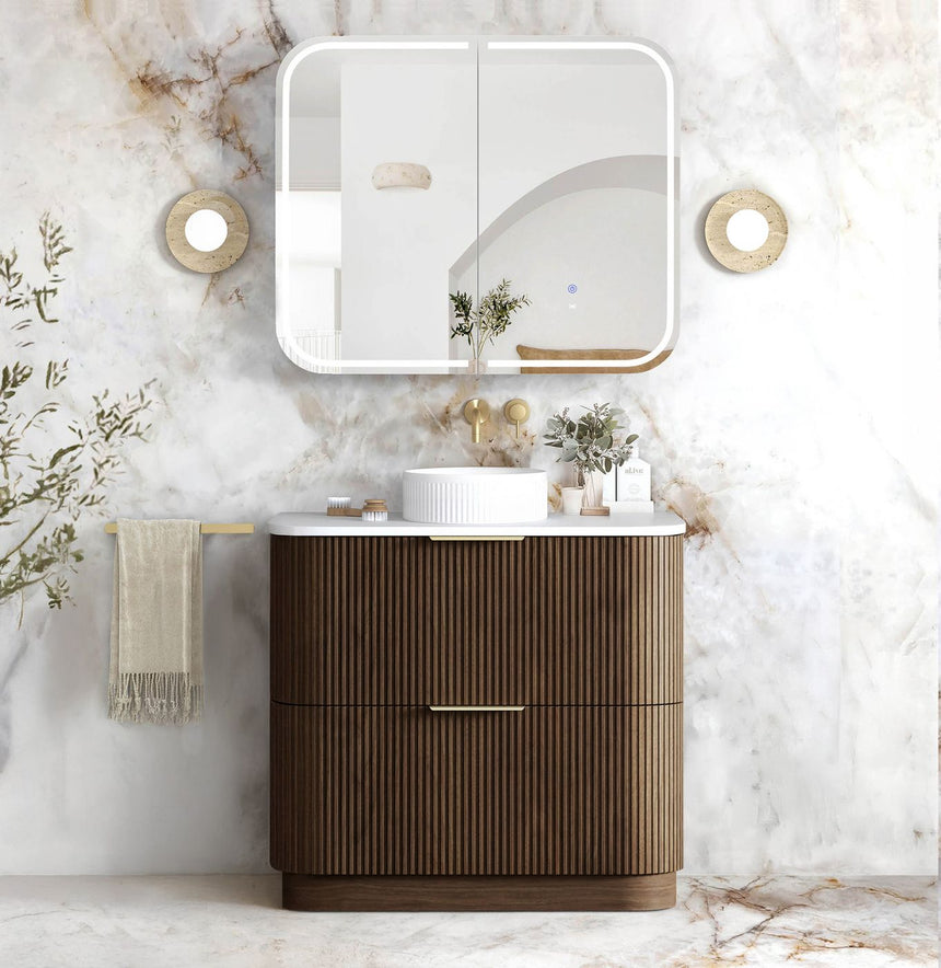 Otti Havana Fluted 900mm Sable Walnut Floorstanding Curve Vanity
