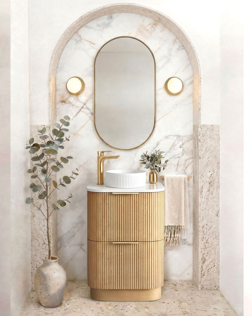 Otti Havana Fluted 600mm Woodland Oak Floorstanding Curve Vanity
