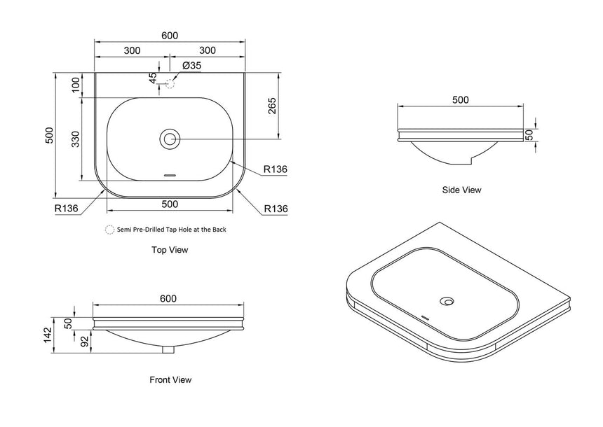Otti Havana English Edge 600x500x50 Matte White with Soft Square Basin Top — view 4