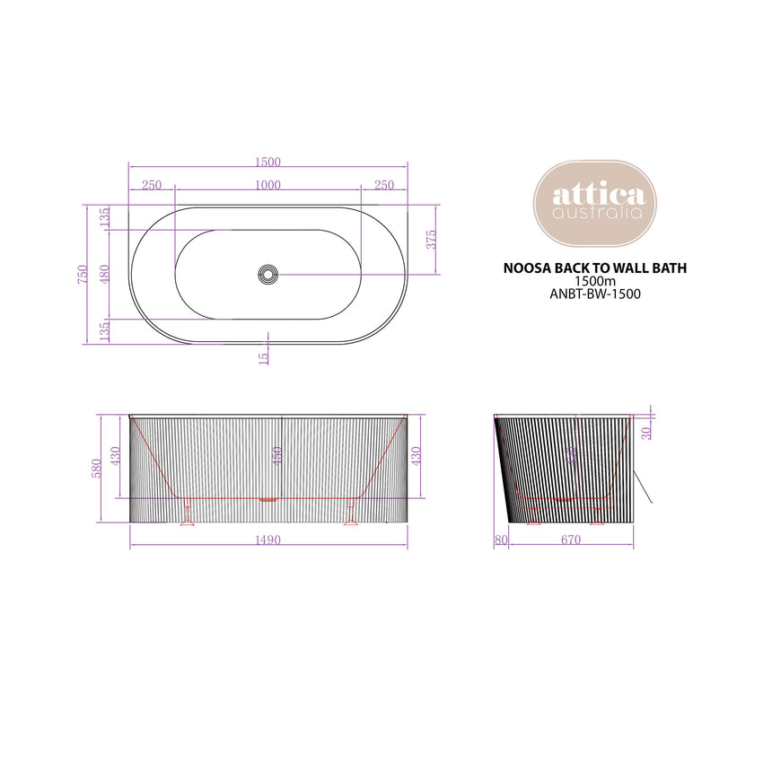 Noosa Back to Wall Multi Fit Bath 1500mm Matt White Bath Otti Australia