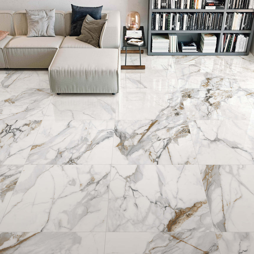 Calacutta Oro 600x600 Polished White Marble Look Tiles Tilemall