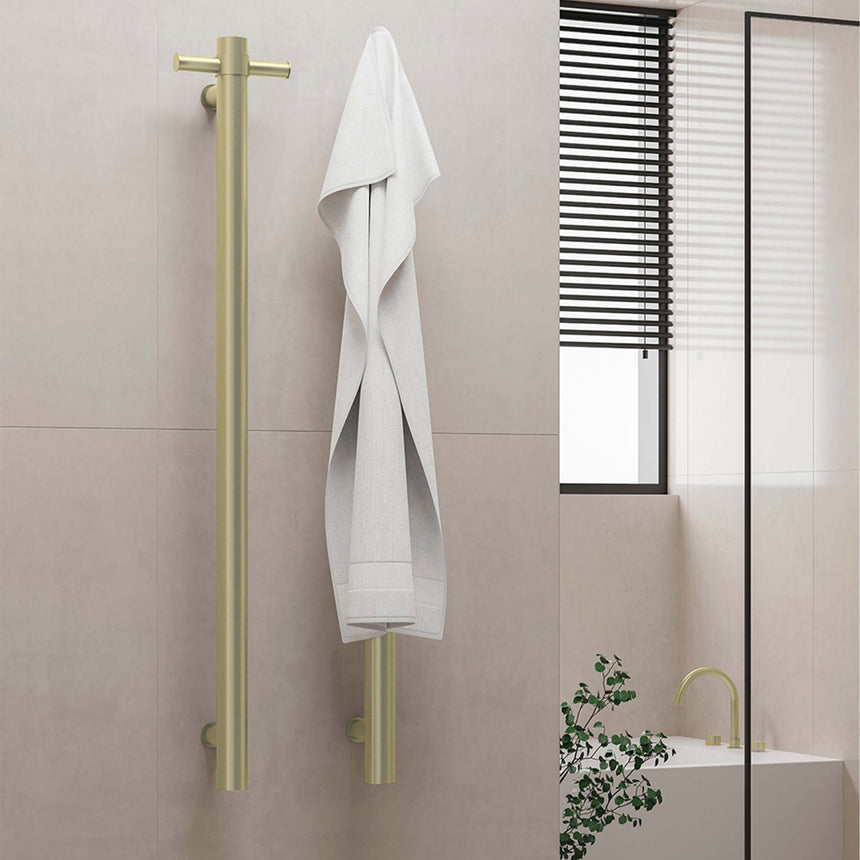 Nero Heated Vertical Towel Rail Brushed Yellow Gold Bathroom Accessories Nero