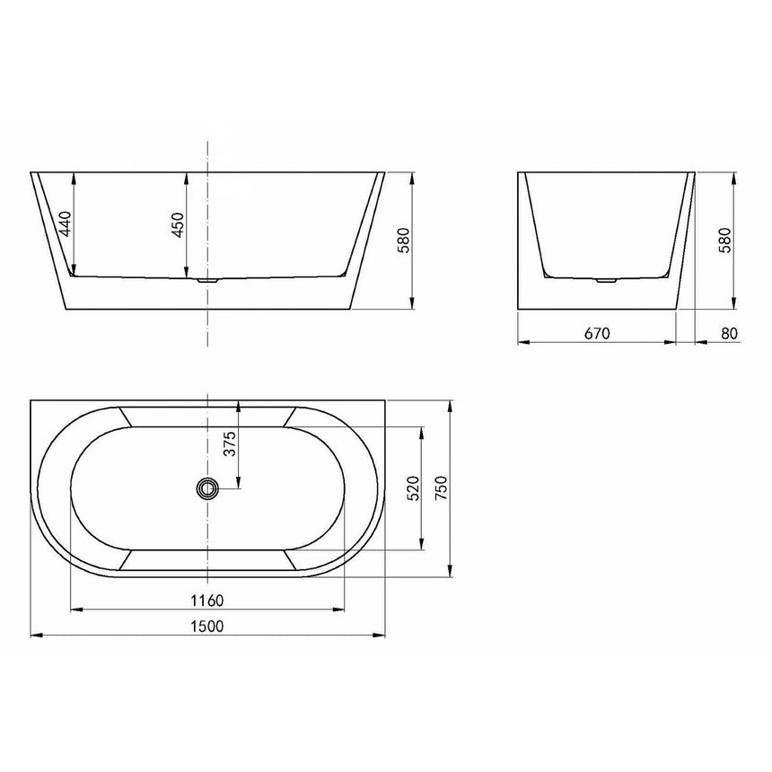 Verona Back to Wall Bath 1500mm Gloss White Bath Inspire