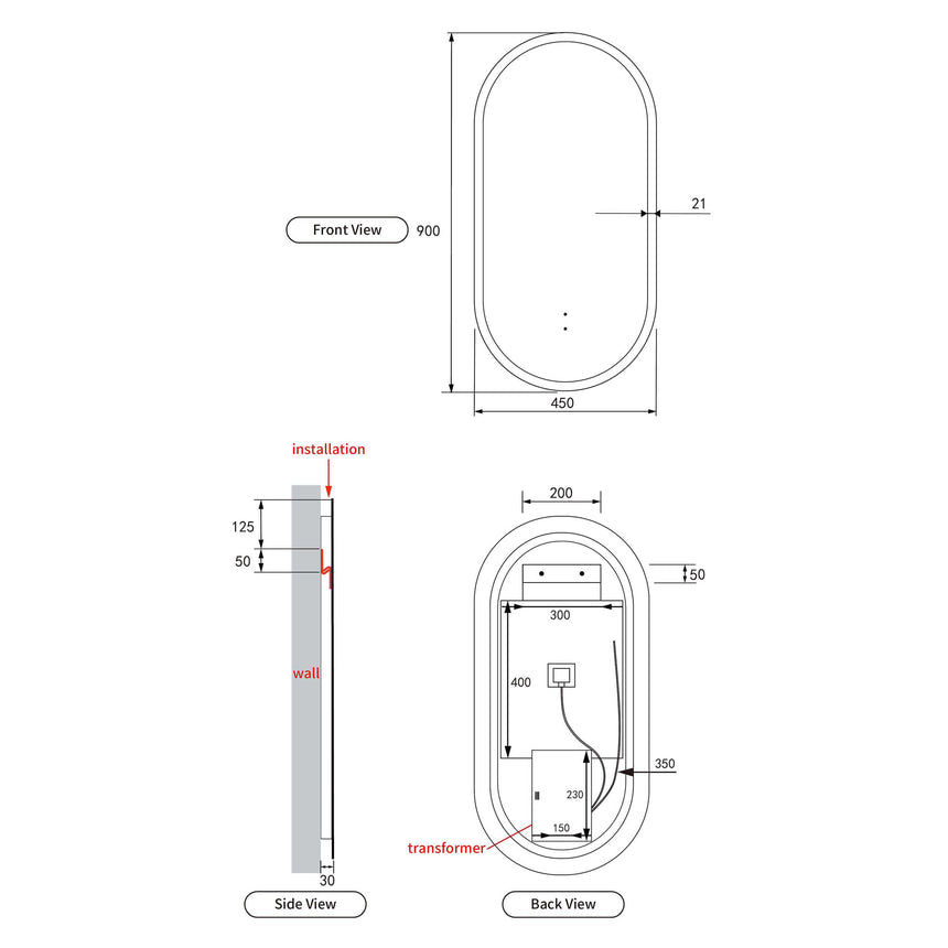 Aulic Beau Monde Touchless Frameless Led Mirror 900x450mm Oval LED Frameless Mirror Aulic
