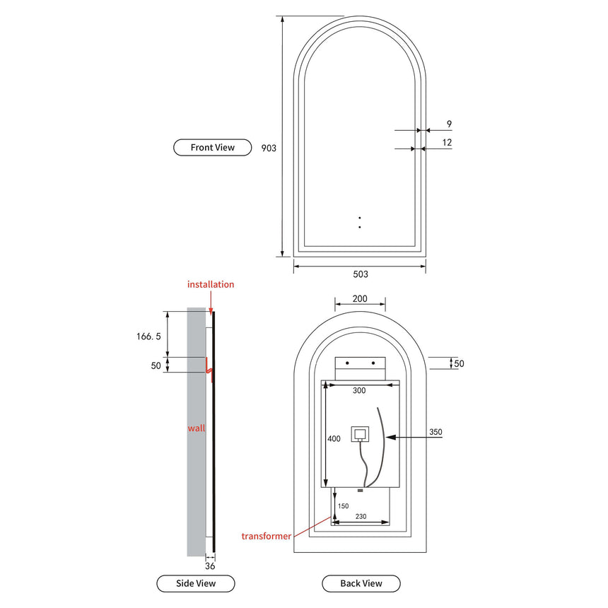 Aulic Canterbury Touchless Framed Led Mirror 903x503mm Arched Brushed Bronze LED Framed Mirror Aulic