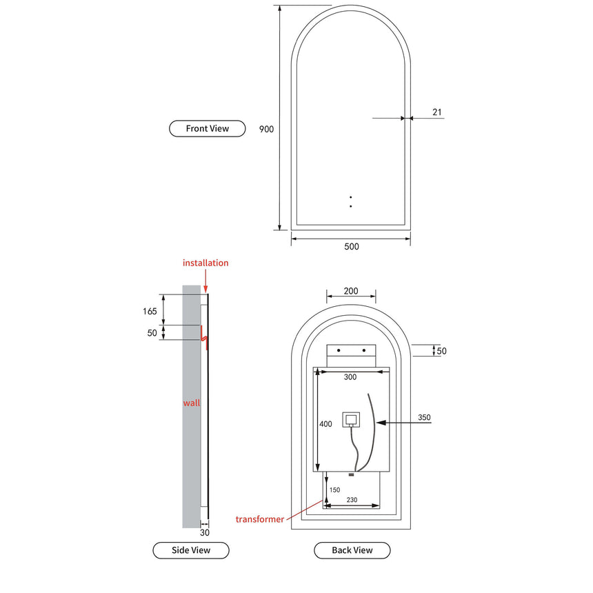 Aulic Canterbury Touchless Frameless Led Mirror 900x500mm Arched LED Frameless Mirror Aulic