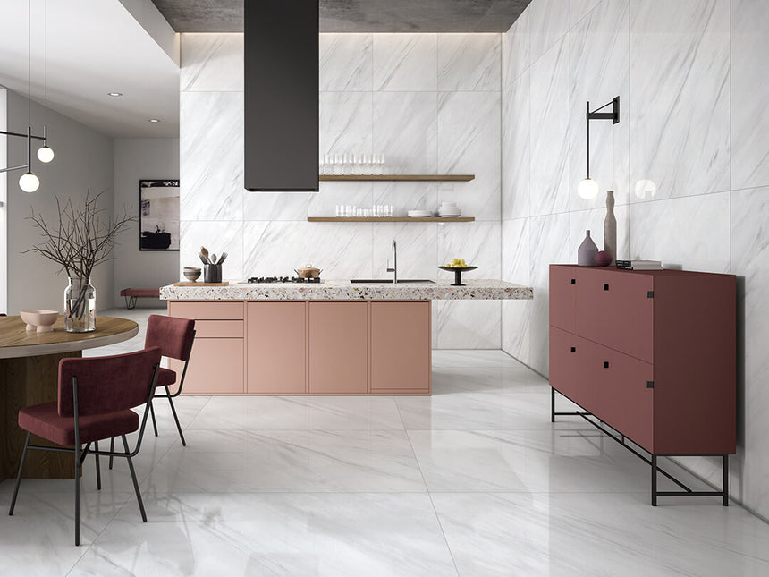 Marble Lasa White APT 1200x600 Polished Marble Look Tiles Dongpeng