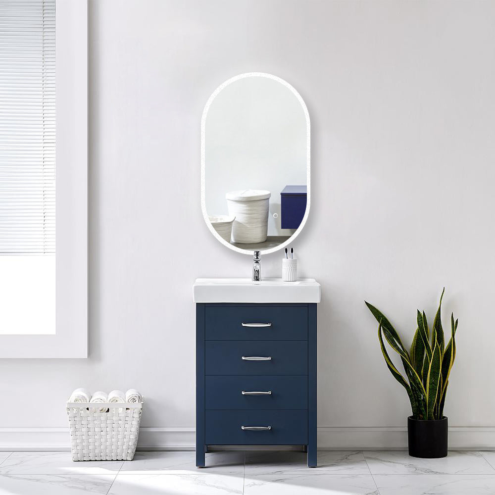 Oval 450x750mm Lamex LED frameless mirror by Tilemall with touch sensor switch, white edge light, installed in bathroom