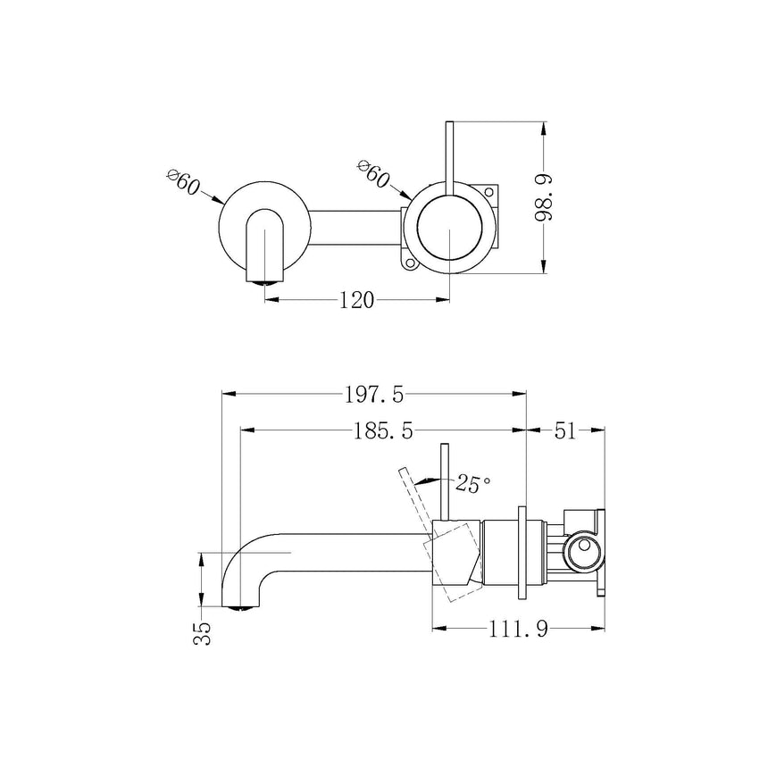 Nero Mecca Wall Basin/Bath Mixer Separete Back Plate Handle Up 185mm Brushed Bronze Tapware Nero