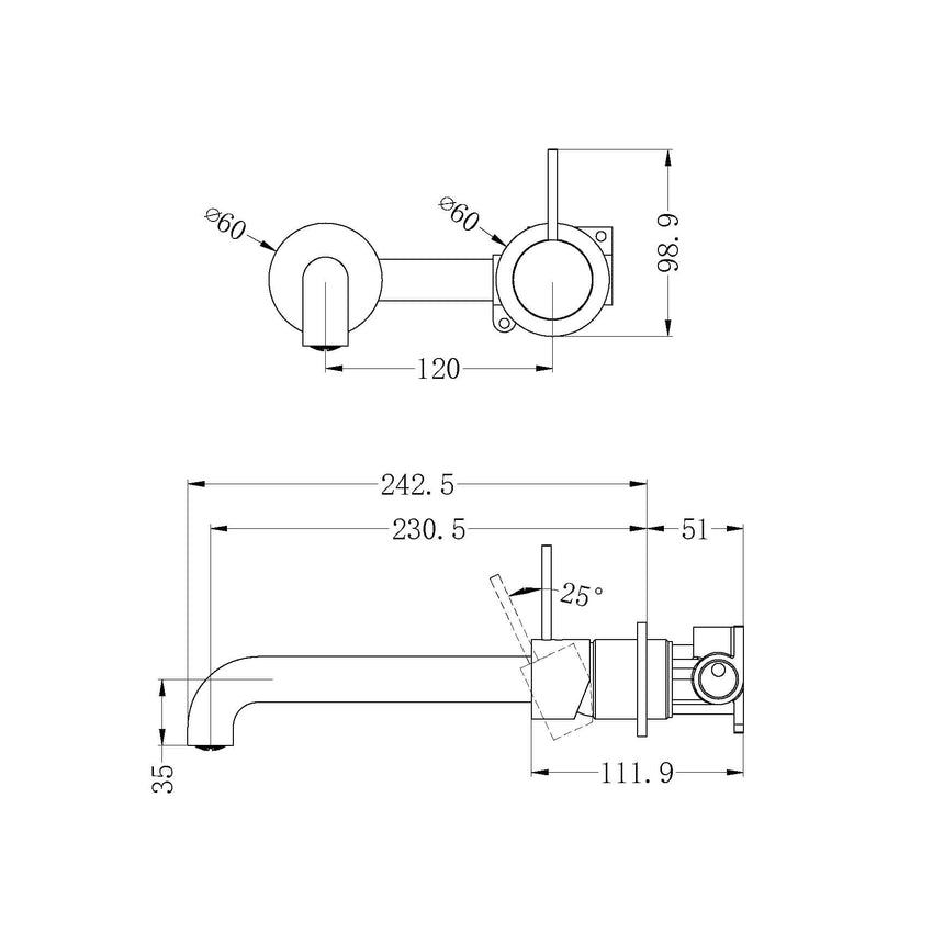 Nero Mecca Wall Basin/Bath Mixer Separete Back Plate Handle Up 230mm Brushed Nickel Tapware Nero