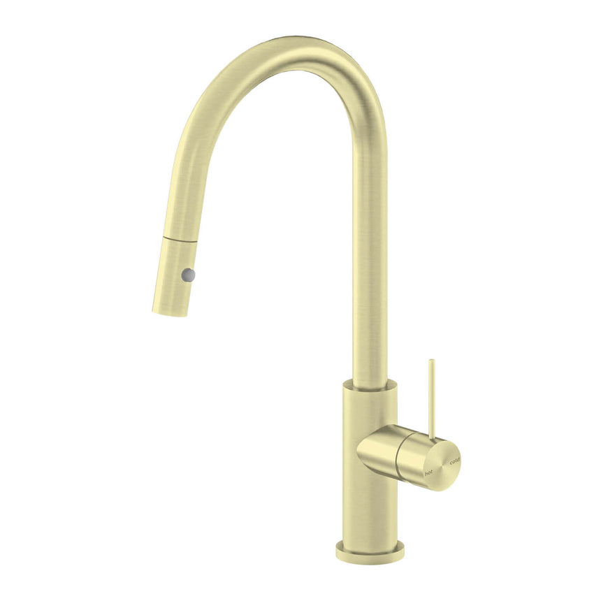 Nero Mecca Pull Out Sink Mixer With Vegie Spray Function Brushed Yellow Gold Tapware Nero