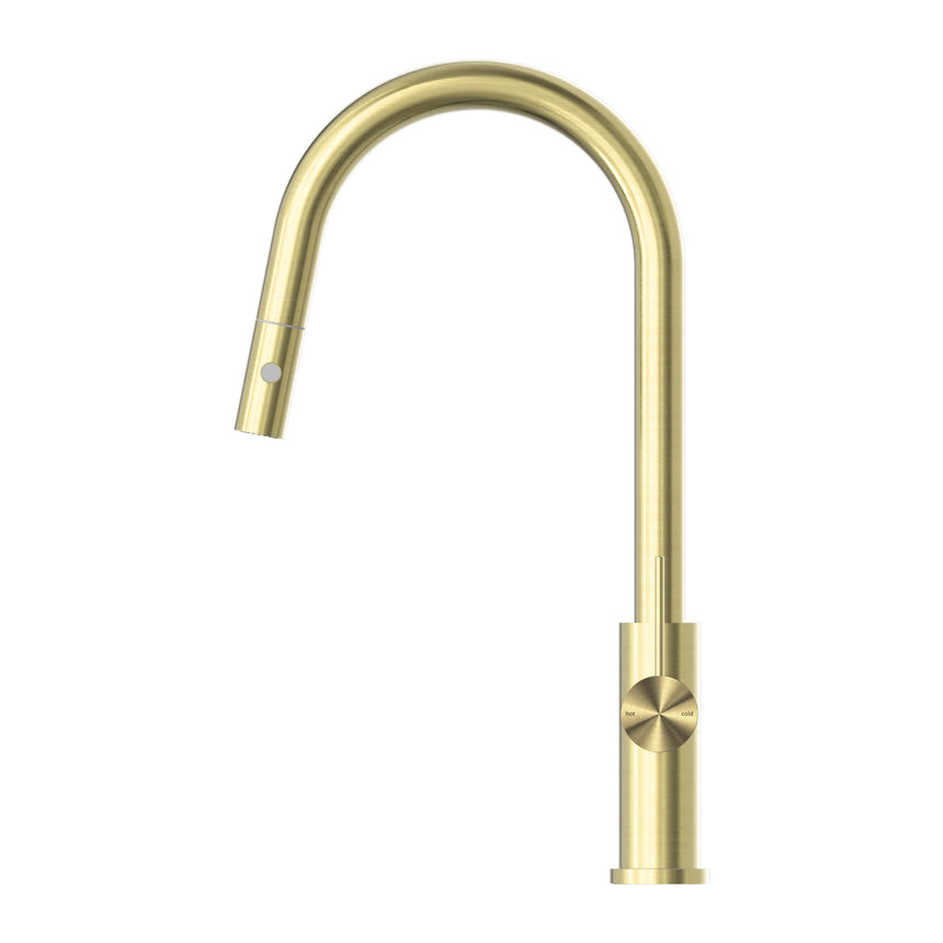 Nero Mecca Pull Out Sink Mixer With Vegie Spray Function Brushed Yellow Gold Tapware Nero