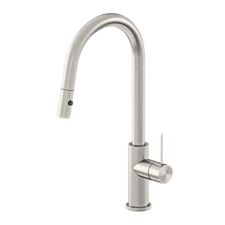 Nero Mecca Pull Out Sink Mixer With Vegie Spray Function Brushed Nickel Tapware Nero