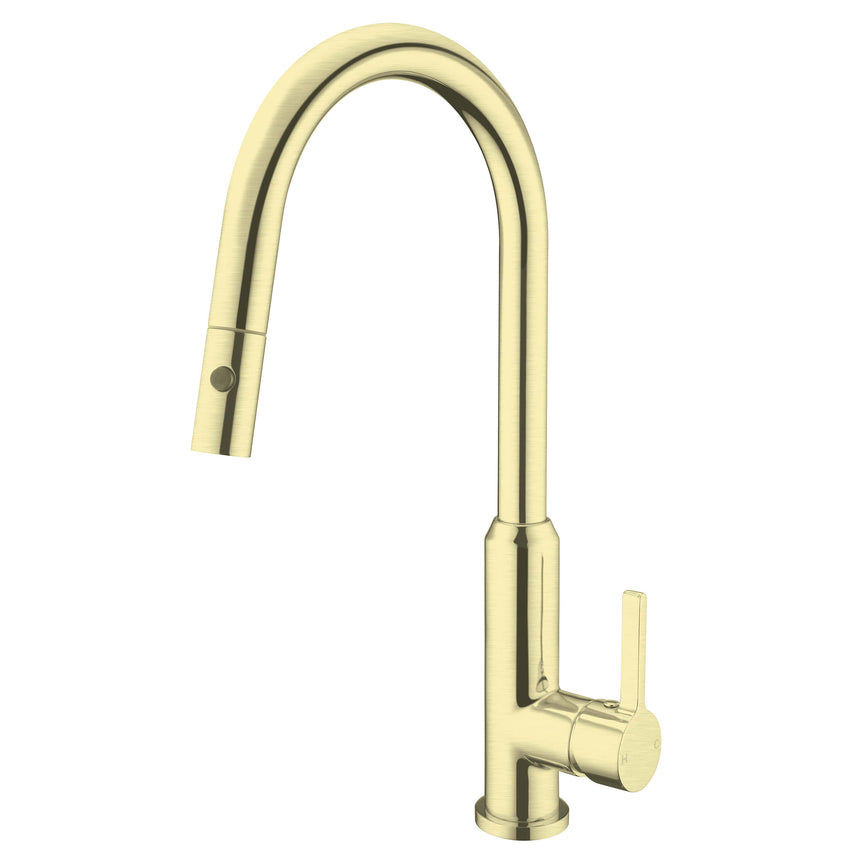 Nero Pearl Pull Out Sink Mixer With Vegie Spray Function Brushed Yellow Gold Tapware Nero