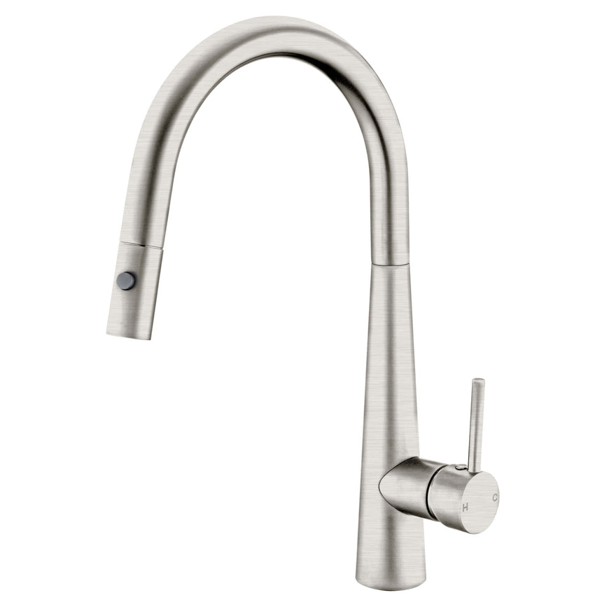 Nero Dolce Pull Out Sink Mixer With Vegie Spray Function Brushed Nickel Tapware Nero