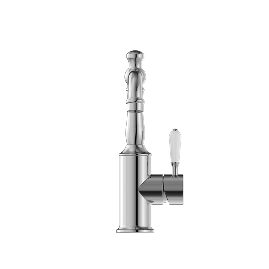 Nero York Basin Mixer With White Porcelain Lever Chrome Tapware Nero