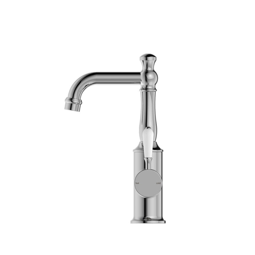 Nero York Basin Mixer With White Porcelain Lever Chrome Tapware Nero