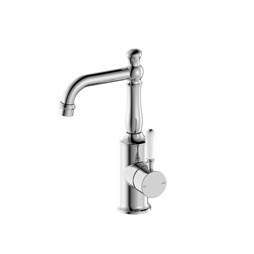 Nero York Basin Mixer With White Porcelain Lever Chrome Tapware Nero
