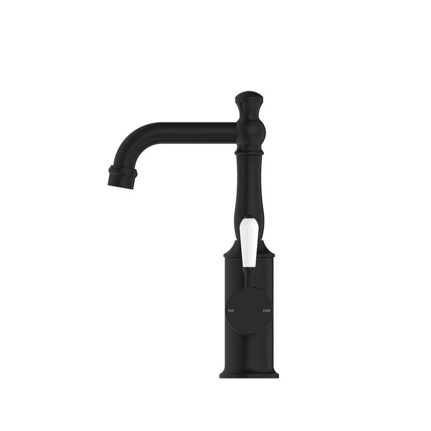 Nero York Basin Mixer With White Porcelain Lever Matte Black Tapware Nero