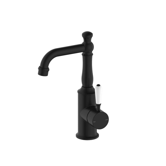 Nero York Basin Mixer With White Porcelain Lever Matte Black Tapware Nero