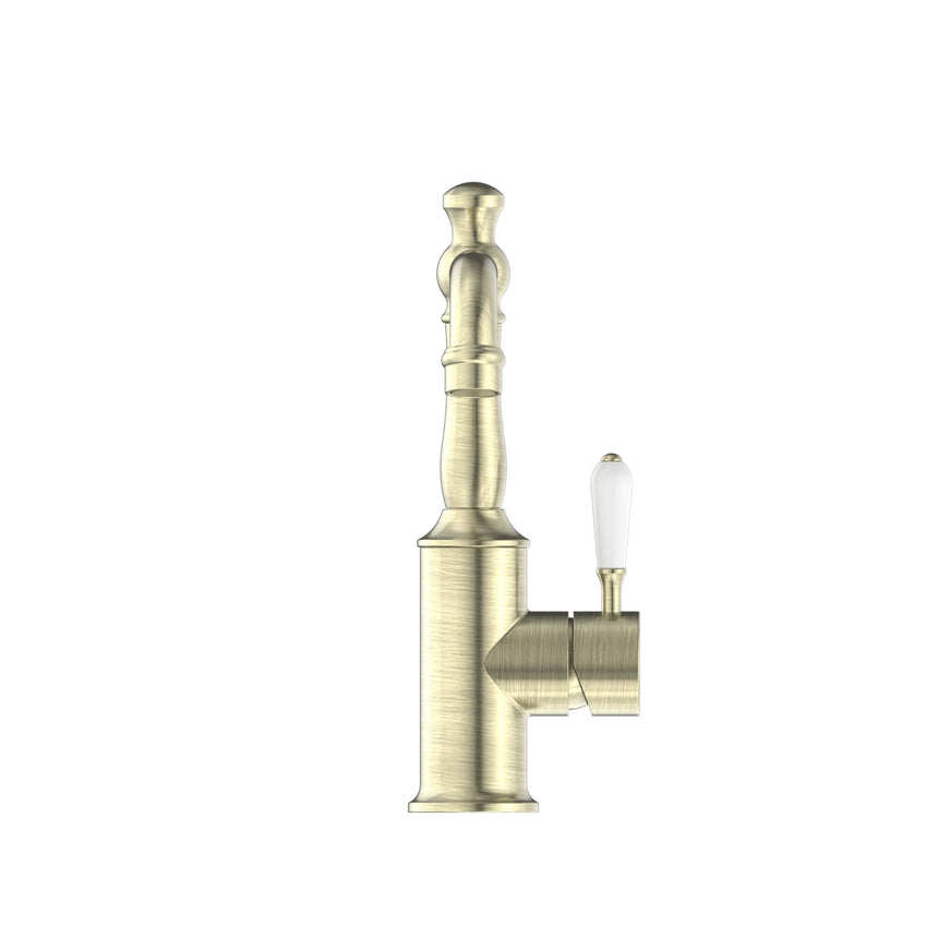 Nero York Basin Mixer With White Porcelain Lever Aged Brass Tapware Nero