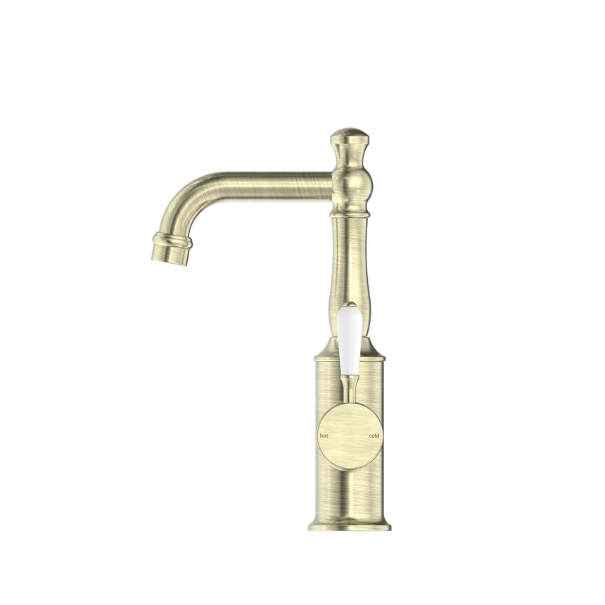 Nero York Basin Mixer With White Porcelain Lever Aged Brass Tapware Nero