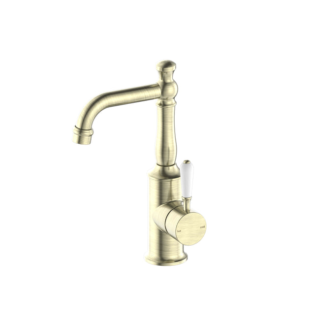 Nero York Basin Mixer With White Porcelain Lever Aged Brass Tapware Nero