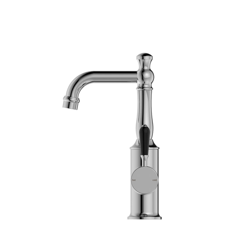 Nero York Basin Mixer With Black Porcelain Lever Chrome Tapware Nero