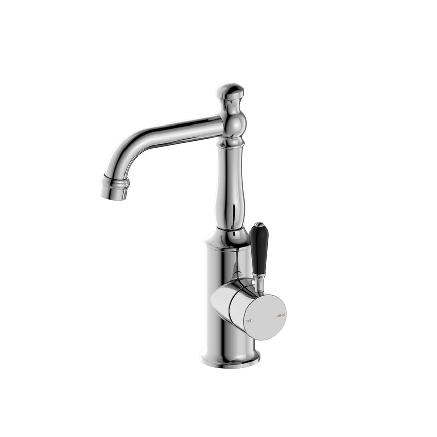 Nero York Basin Mixer With Black Porcelain Lever Chrome Tapware Nero