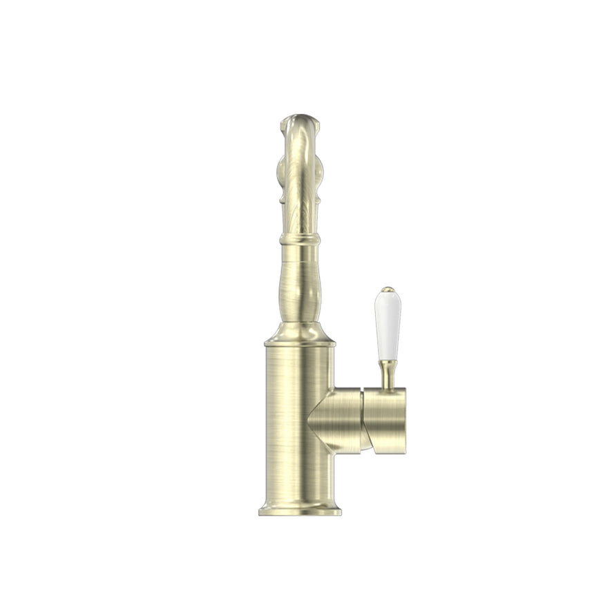 Nero York Basin Mixer Hook Spout With White Porcelain Lever Aged Brass Tapware Nero