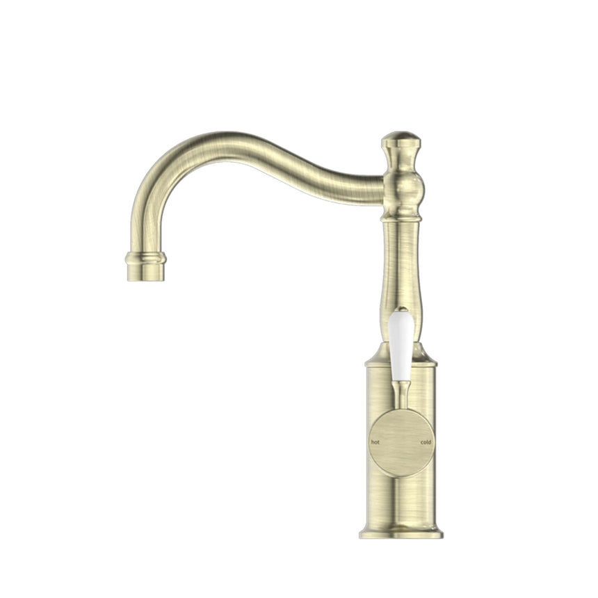 Nero York Basin Mixer Hook Spout With White Porcelain Lever Aged Brass Tapware Nero