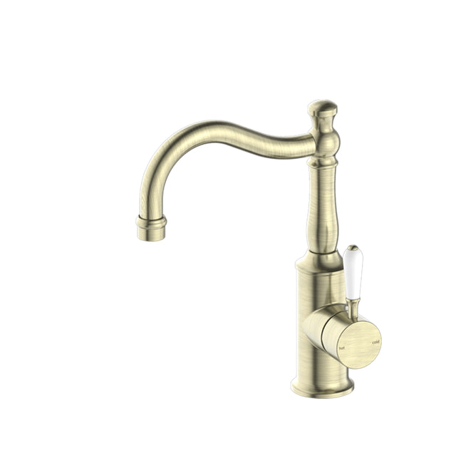 Nero York Basin Mixer Hook Spout With White Porcelain Lever Aged Brass Tapware Nero