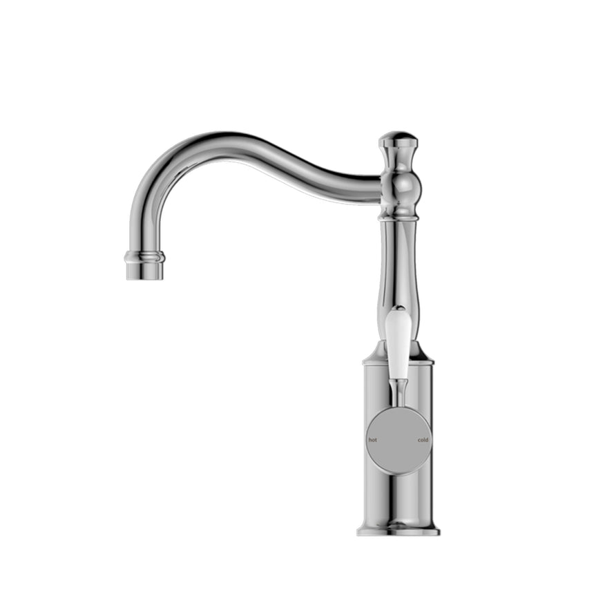 Nero York Basin Mixer Hook Spout With White Porcelain Lever Chrome Tapware Nero