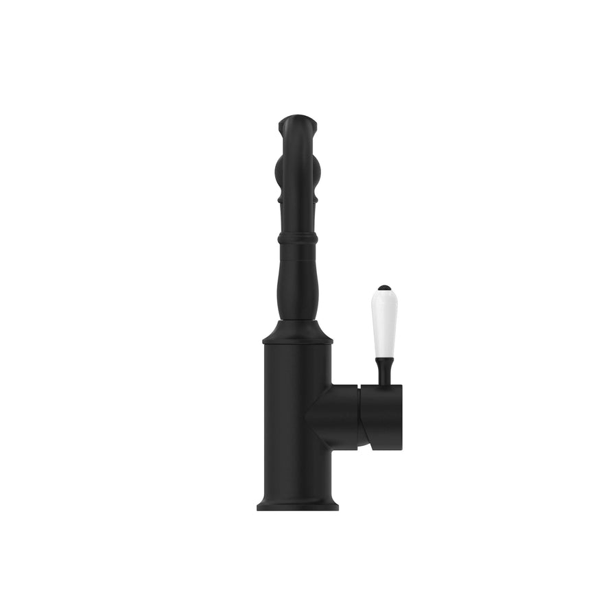 Nero York Basin Mixer Hook Spout With White Porcelain Lever Matte Black Tapware Nero